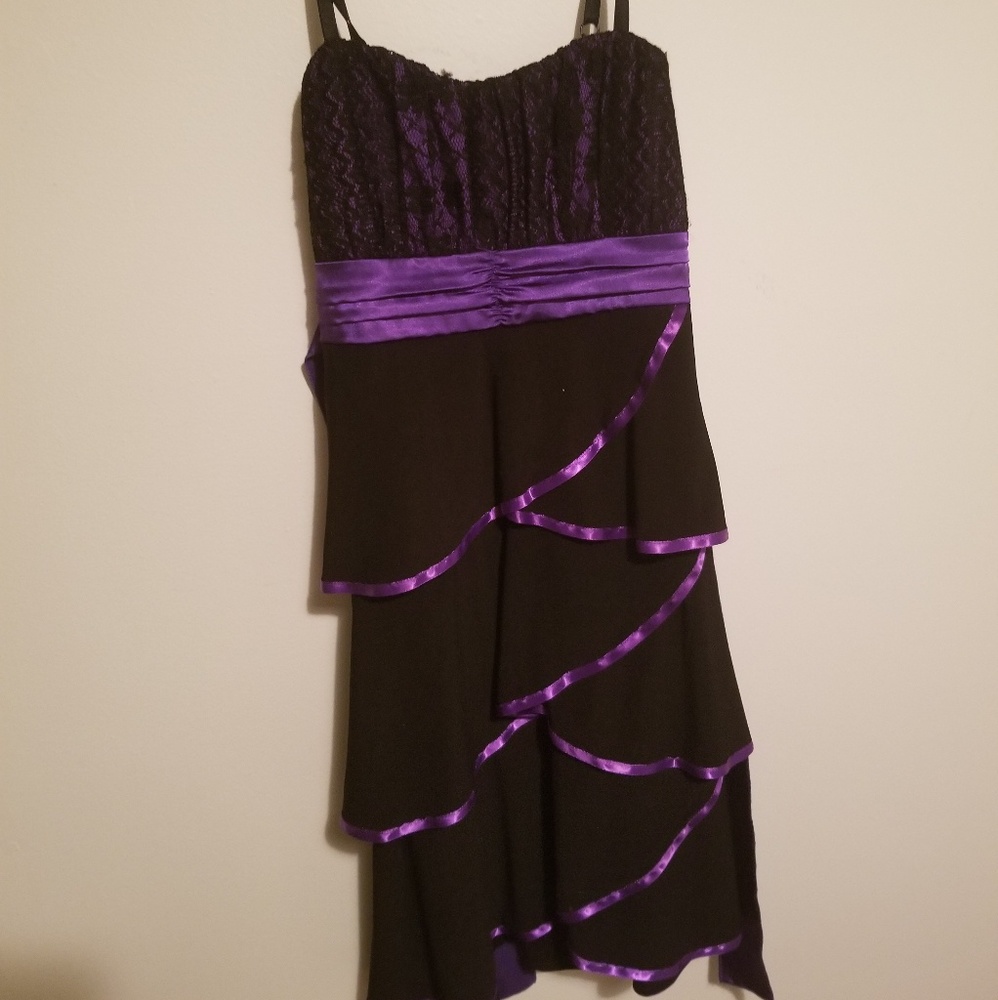 Purple and black frilly prom dress